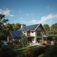 Fototapeta premium Sustainable energy concept with solar panels installed on a private residential building.