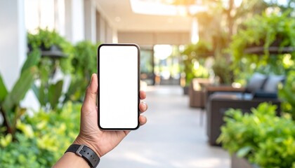 Person holding mobile phone with blank white screen in lush green environment.