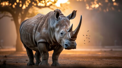 Fototapeta premium Rhino standing strong, symbol of survival on World Rhino Day.