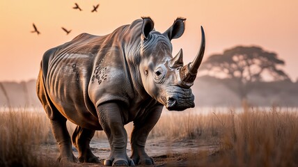 Fototapeta premium Rhino with horn showcased for global World Rhino Day awareness.
