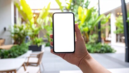 Mockup of a hand holding a smartphone in an outdoor cafe or garden setting. Perfect for app and website presentations.