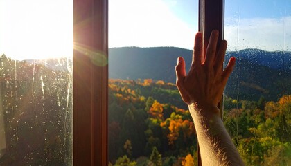Hand touches window, golden autumn landscape with sun flare and rain drops.