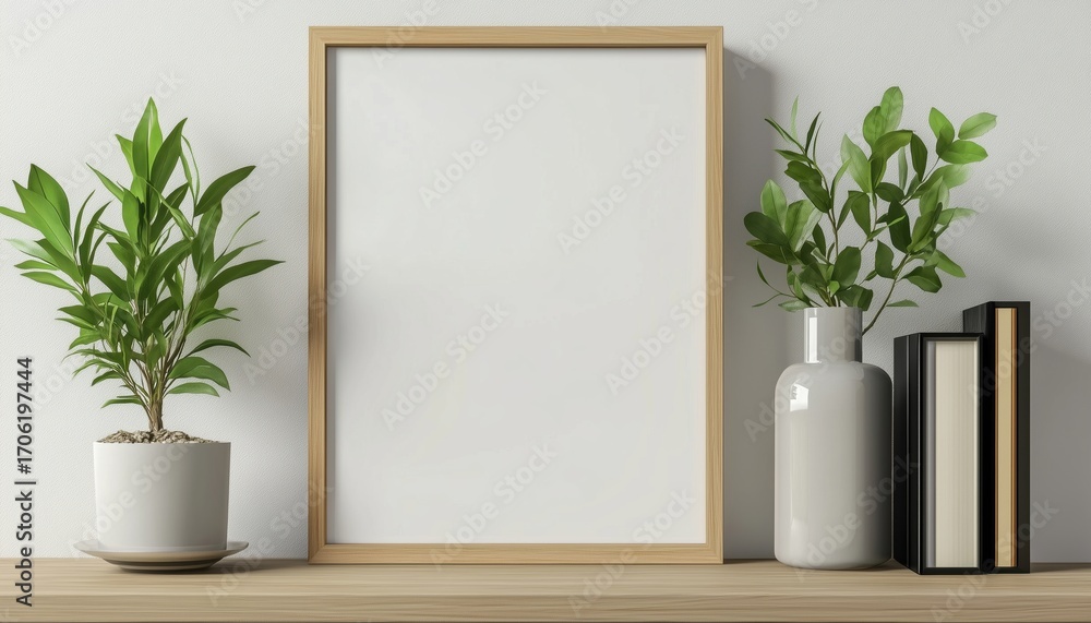 Poster display a houseplant on a bookshelf by using a mock-up blank photo frame. create a stylish and moder