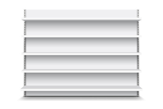 White empty store shelf rack mockup front. front view Product shelves counter design
