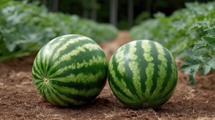 Farmers gather ripe watermelons as the sun sets, casting a golden glow on their dewy skin and vibrant green surroundings