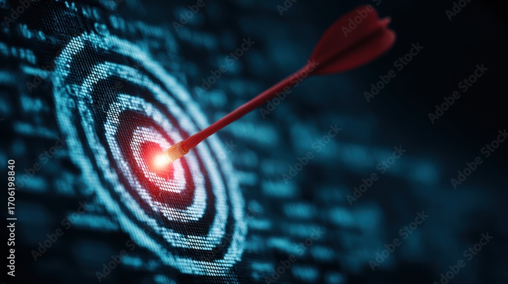 Poster stunning photo of arrow hitting target in the digital realm using data and cyber technologies, highl