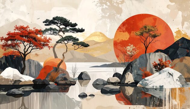 Abstract landscape painting with trees, mountains, and a large sun