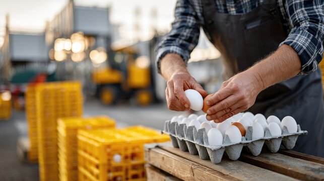 Farmer prepares eggs for packaging with precision, focusing on organizing them in trays while surrounded by yellow cartons