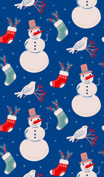 Winter christmas season hand drawn pattern with snowman and bird