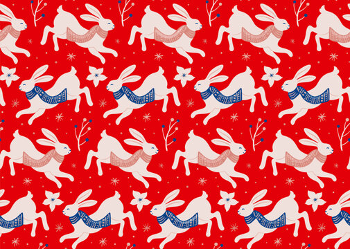red christmas pattern with rabbits and flowers