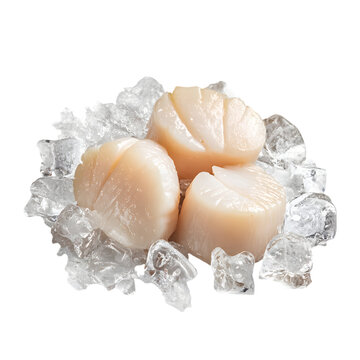 Fresh raw scallops on ice cubes against a ready to be prepared on transparent background