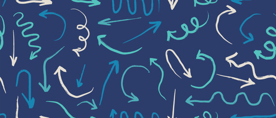 Seamless pattern with blue arrows in down, up, angle position. Vector sketch illustration in crayon style. Business banner, abstract scribbles. Doodle decoration.