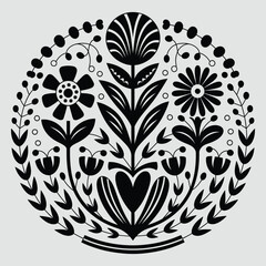 Folk Art Floral Mandala, Traditional Decorative Flower Pattern, vector illustration