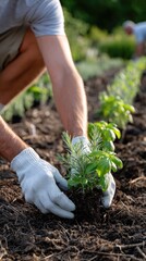 Fototapeta premium Hands in gloves gently hold a lavender plant under warm sunlight, surrounded by various herbs and flowers in a garden setting