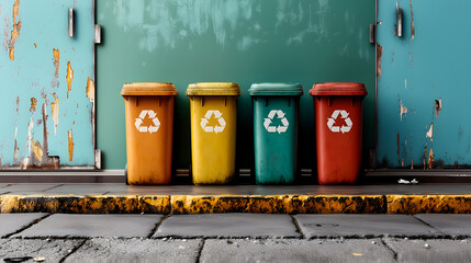 Four side-by-side recycling bins in orange, yellow, green, and red against a peeling teal wall. 