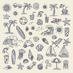 A collection of hand-drawn doodles depicting various beach and summer vacation elements, including palm trees, surfboards, waves, and marine life.