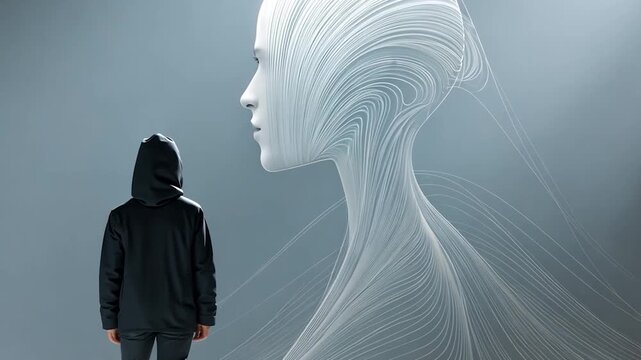 Person gazes at a large, abstract, sculpted head