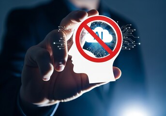 A business professional holds a cloud icon with a prohibition sign, indicating data privacy concerns in a digital world.