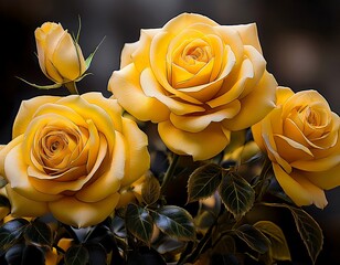 Close-up of three vibrant yellow roses
