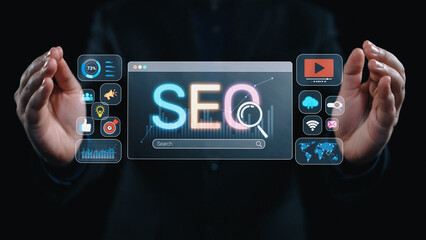 SEO concept for improving SEO visibility, with SEO related digital tools and SEO performance icons...