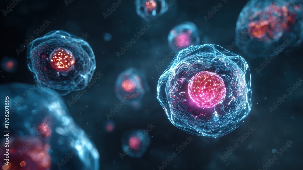 Poster stunning photo of microscopic view exosomes. futuristic 3d rendering with glowing nucleus. scientifi