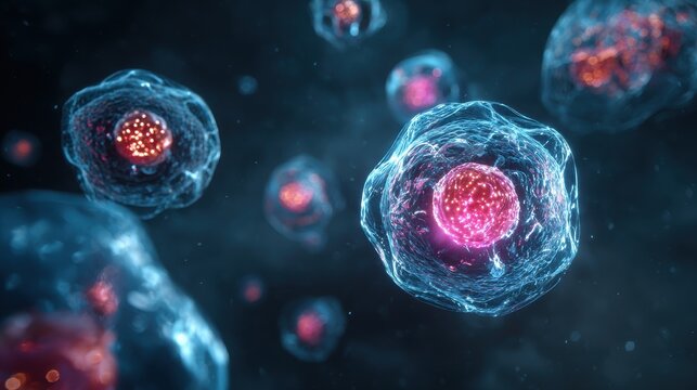 Stunning photo of microscopic view exosomes. Futuristic 3D rendering with glowing nucleus. Scientific research in medicine, nanotechnology, biomedicine. Molecular cellular.