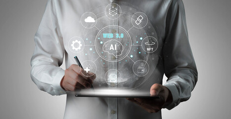 The Web 3.0 technology ecosystem, the next generation of the internet. A concept of a decentralized web with AI, blockchain, NFT, and cryptocurrency. Motif