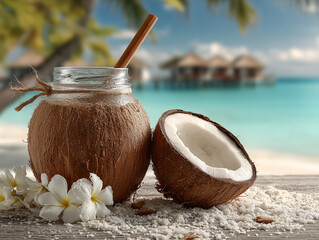 coconut water in a fresh coconut with straw