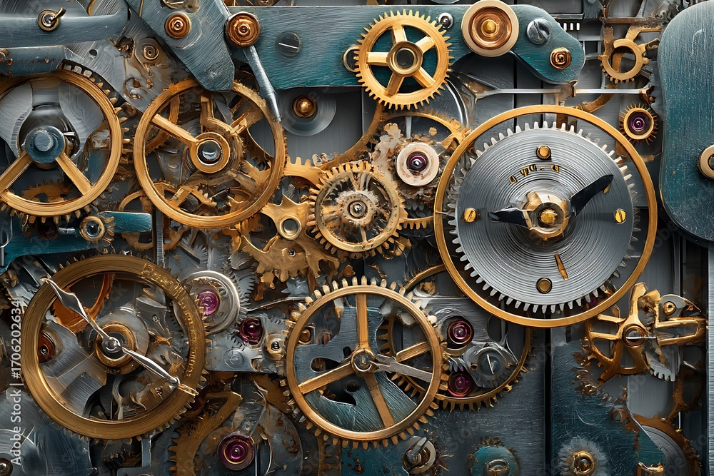 Wall mural intricate clockwork mechanism with gold and silver gears, showcasing the complexity of timekeeping t