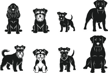 Dog silhouette illustration set, black and white pet vector artwork, domestic animal clipart collection, cute puppy graphic design for projects