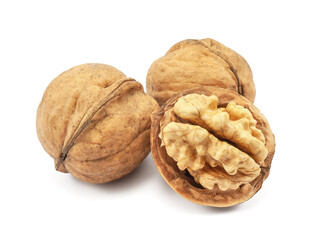 Walnut peeled in shell, isolated on a white background.