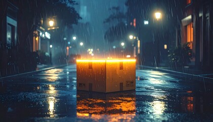 Cardboard box glows on a wet city street at night
