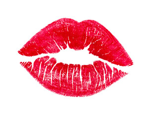 Beautiful lips with red lipstick mark on a white background. Red lips print isolated on white background.