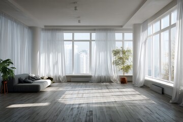 Fototapeta premium Bright and airy modern apartment living room with city view, featuring large windows and minimalist decor.