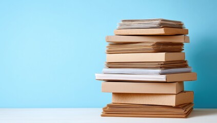 Stacked Documents and Boxes on Blue Background