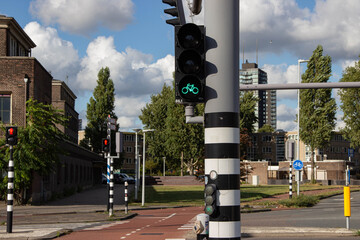 Green bicycle traffic signal illuminated at intersection, surrounded by urban buildings and trees,...