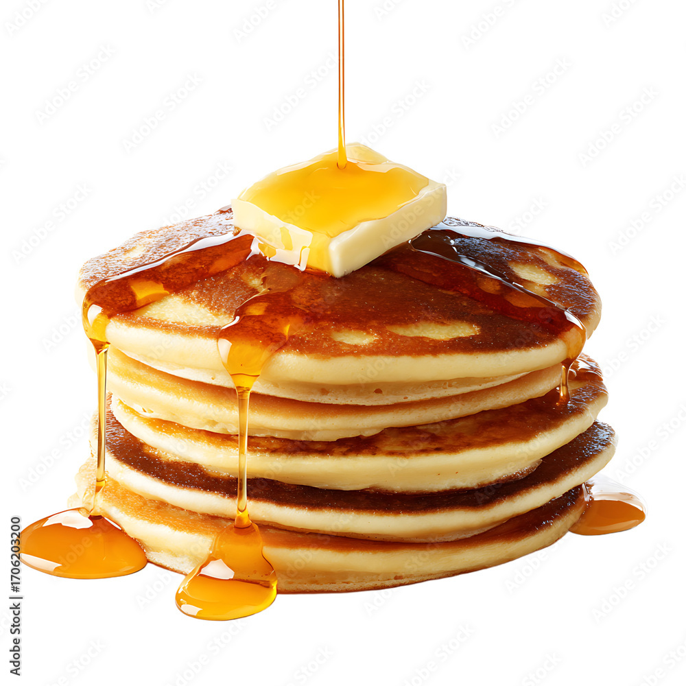 Poster stack of pancakes topped with a pat of butter and drenched in golden syrup on a transparent backgrou