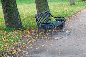 There is empty black metal bench by footpath in park. Autumn mood.