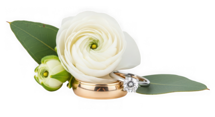 Wedding rings with flower isolated on transparent background