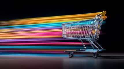 Shopping cart in motion, colorful light streaks simulating speed on dark background