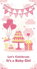 Gender reveal party, let's celebrate it's baby girl, vector illustration