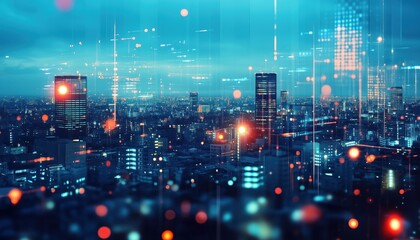 Fototapeta premium Technology Graphic Enhances Night Cityscape In Double Exposure Image Showcasing The Blend Of Urban Landscape With Digital Elements. A Striking Visual Composition.