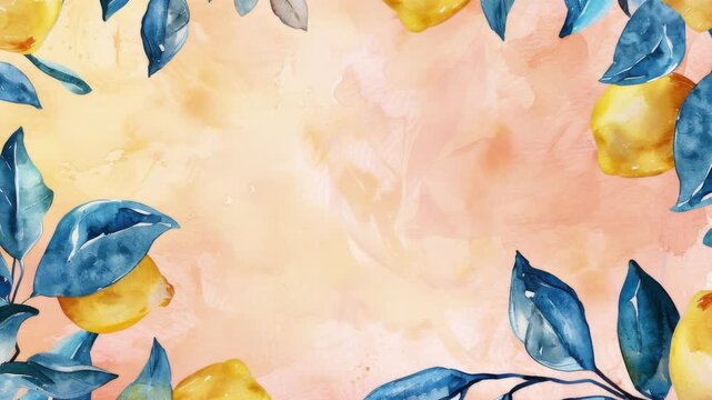 Watercolor illustration of yellow lemons with blue leaves on peach background
