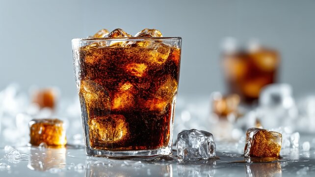Un vaso de refresco con hielo sobre una superficie helada.
