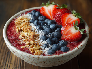 colorful acai smoothie bowl topped with strawberries and blueberries