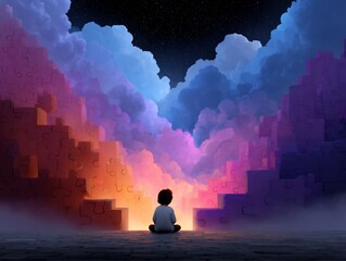 Contemplative child facing puzzle staircase clouds