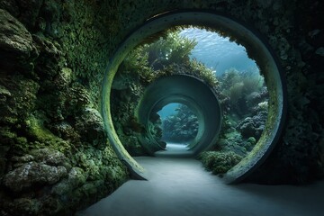 Submerged Underwater Concrete Tunnel Pathway Through a Vibrant Coral Reef Ecosystem
