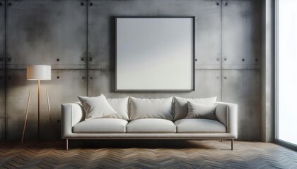 Modern living room with a comfortable sofa, a floor lamp, and a blank picture frame on a concrete wall