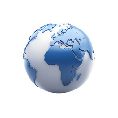 Fototapeta premium Illustration of globe featuring Europe Africa and the Middle East with white land masses and blue oceans against transparent background