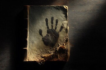 An aged book with a mysterious handprint, a dark and suspenseful image evoking secrets and forgotten history.
